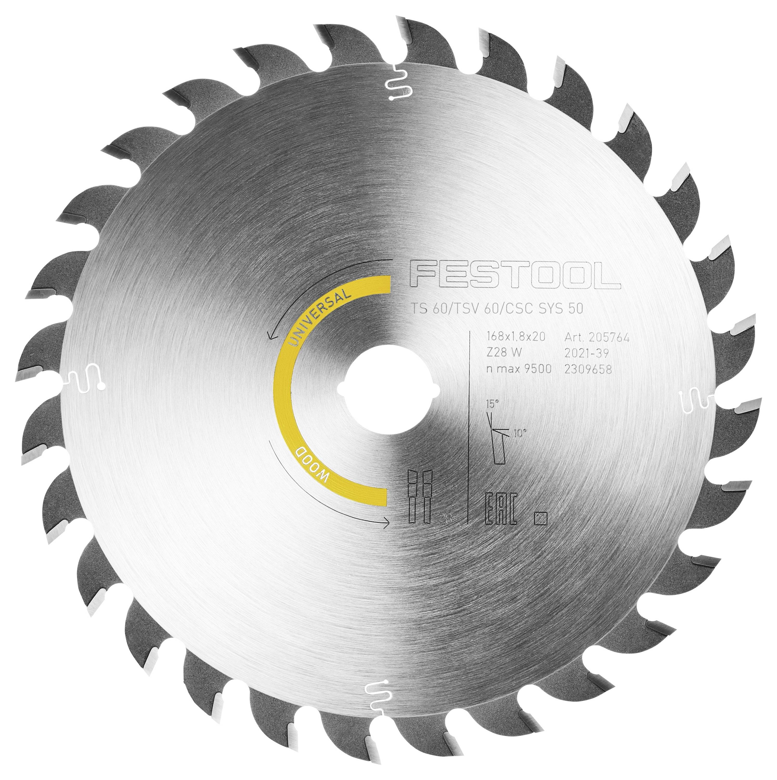 Una lama per sega circolare con denti affilati lungo il bordo. Il centro è inciso con testo che include 'Festool', dettagli del prodotto e specifiche tecniche.