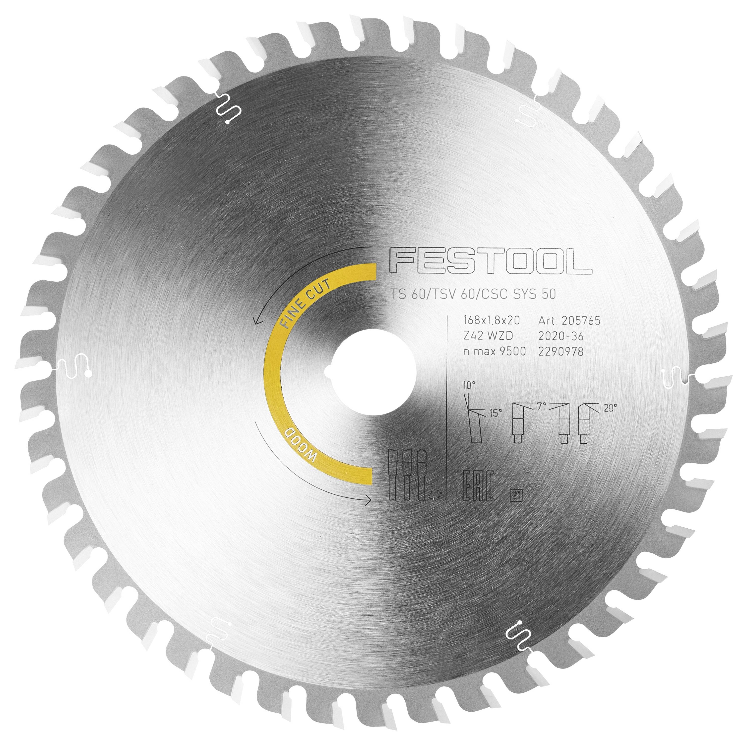 Lama di sega circolare etichettata 'FESTOOL' con specifiche, inclusi 160mm di diametro, foro da 20mm e RPM massimi 9500, progettata per tagli precisi.