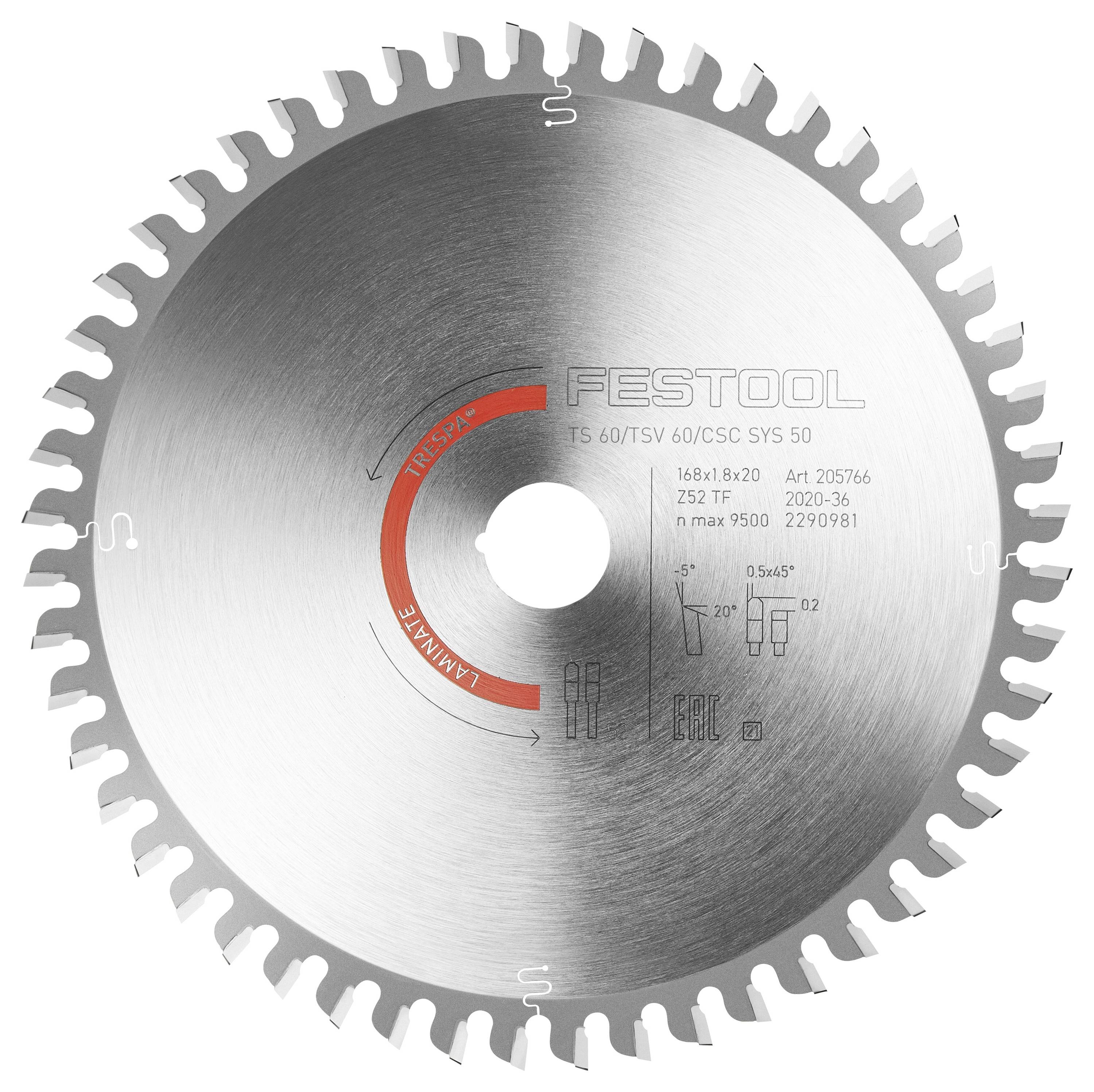 Lama per sega circolare con logo 'FESTOOL', che mostra le specifiche 'TS 60/TSV 60/CCS SYS 50' e 'Art 205766'.