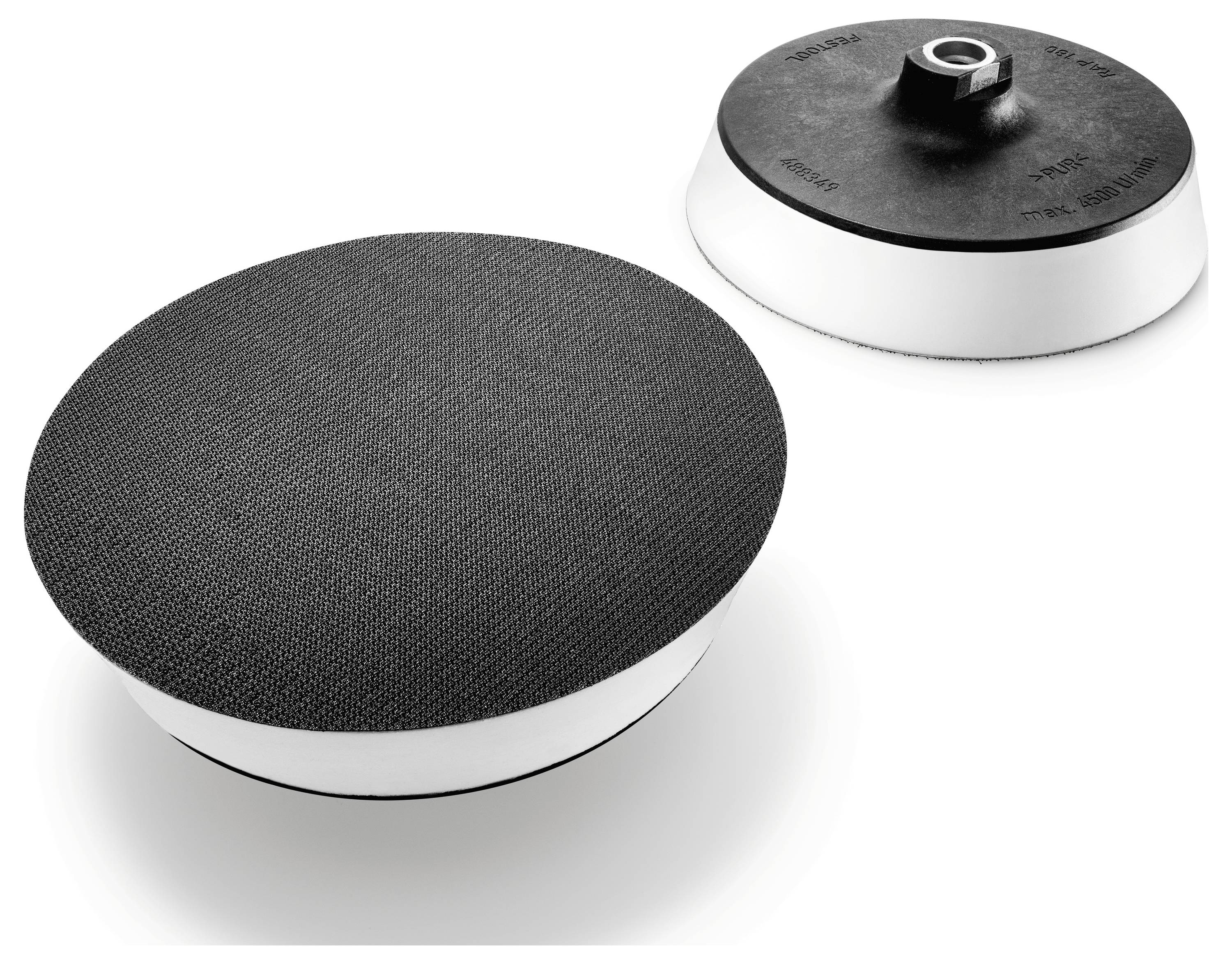 Un disco abrasivo rotondo bianco e nero con una superficie strutturata, mostrato da due angolazioni che visualizzano i lati superiore e inferiore.