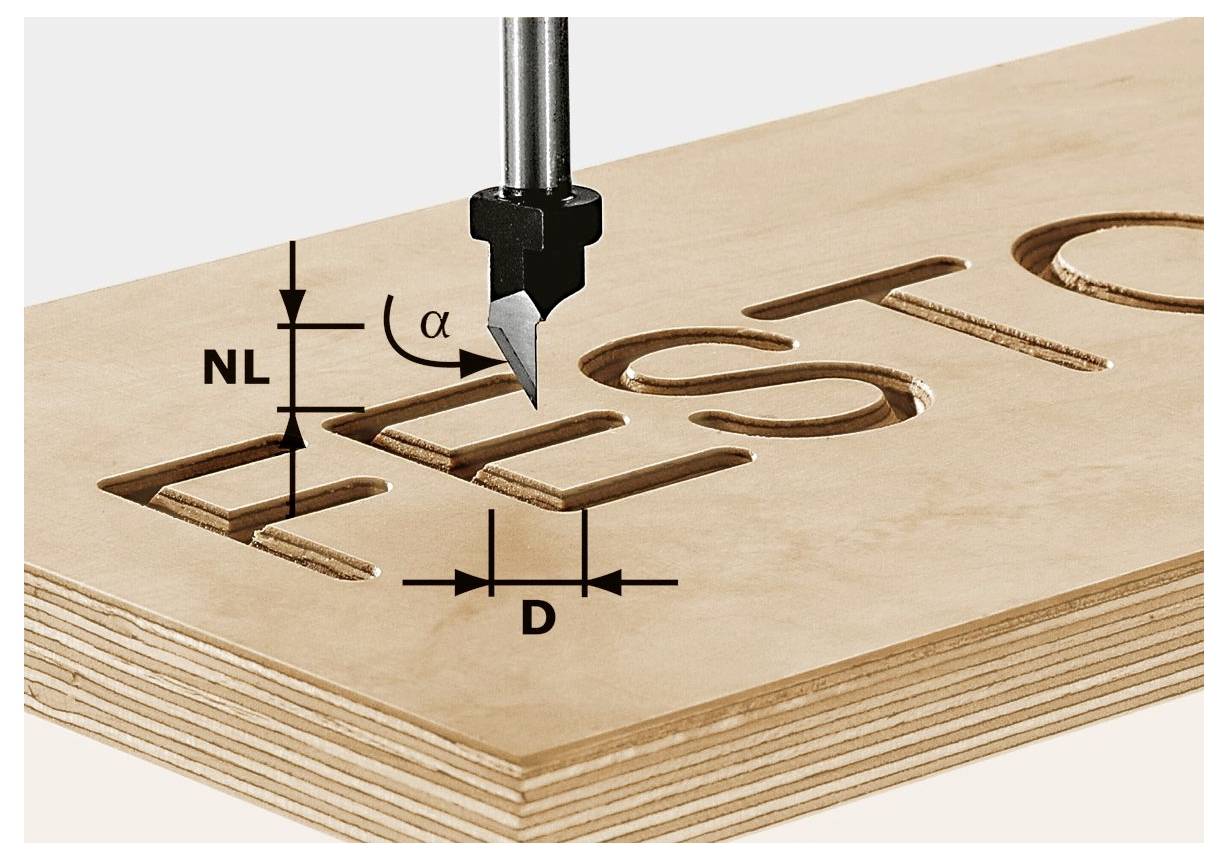 Un router CNC che incide la parola "TEST" su una tavola di legno, con misurazioni tecniche etichettate accanto all'utensile di taglio.