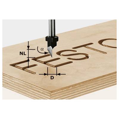 Un router CNC che incide la parola "TEST" su una tavola di legno, con misurazioni tecniche etichettate accanto all'utensile di taglio.
