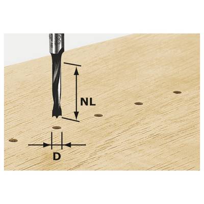 Superficie in legno con una punta di trapano che crea fori equidistanti. Etichettato come NL per la lunghezza della punta di trapano, D per la distanza tra i fori.