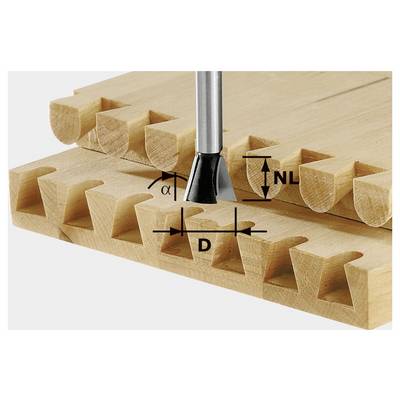 Giunti a coda di rondine in legno con una punta da trapano che mostra le dimensioni: angolo (α), lunghezza del chiodo (NL) e diametro (D), posizionati sopra il giunto.