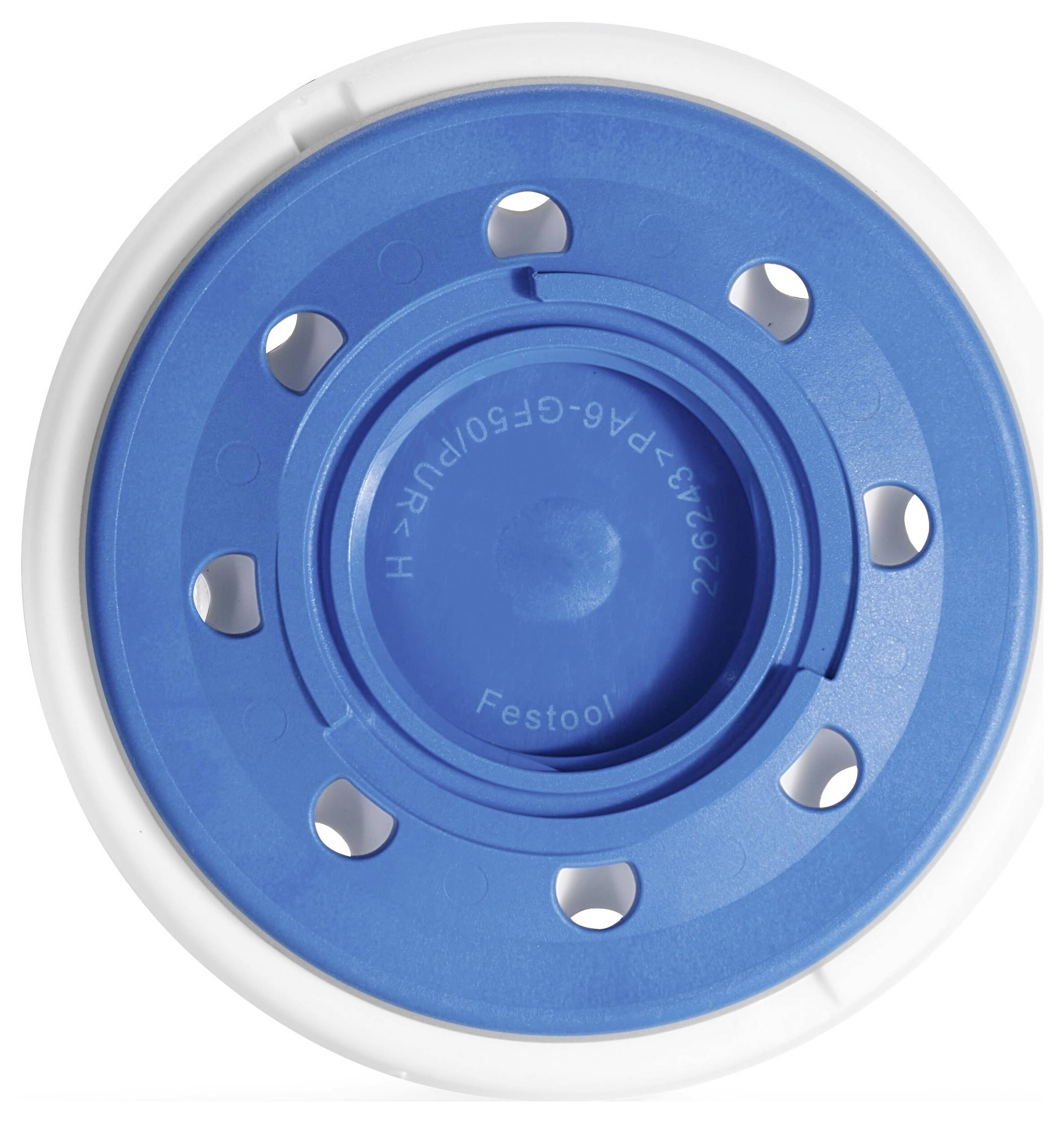 Cuscinetto 'Festool' con design circolare blu e fori multipli, probabilmente per l'utilizzo come disco cuscinetto o attacco per utensile.