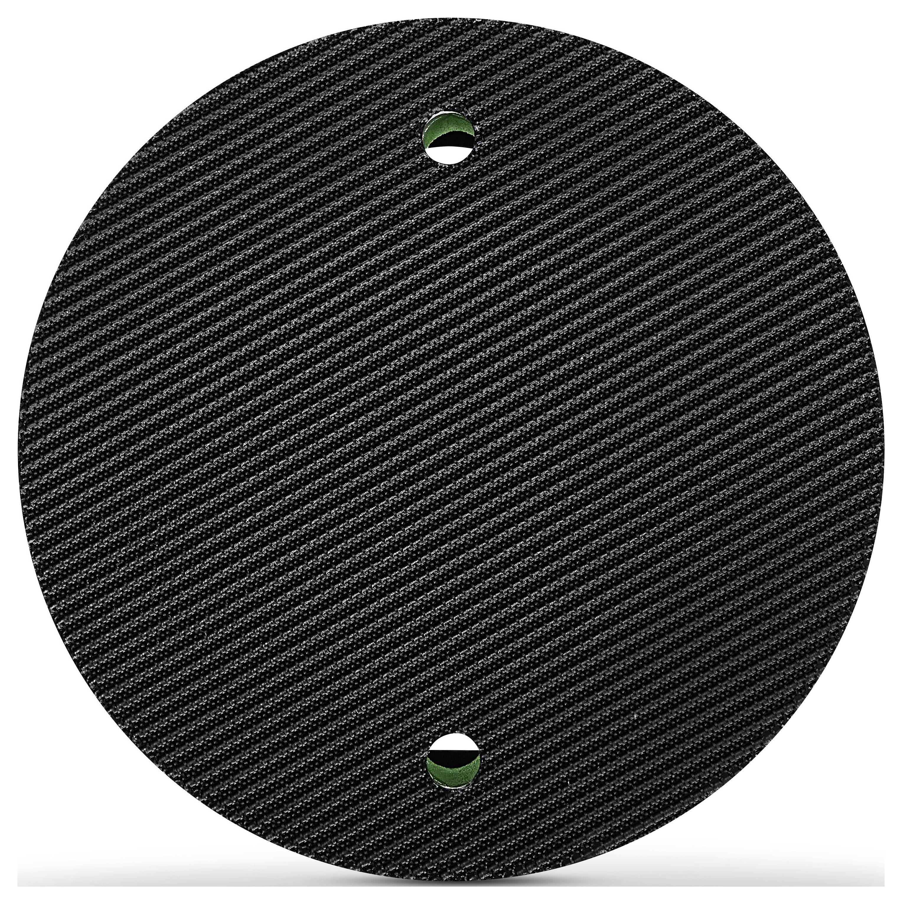 Foglio circolare nero in fibra di carbonio con due fori equidistanti, con texture di scanalature diagonali.