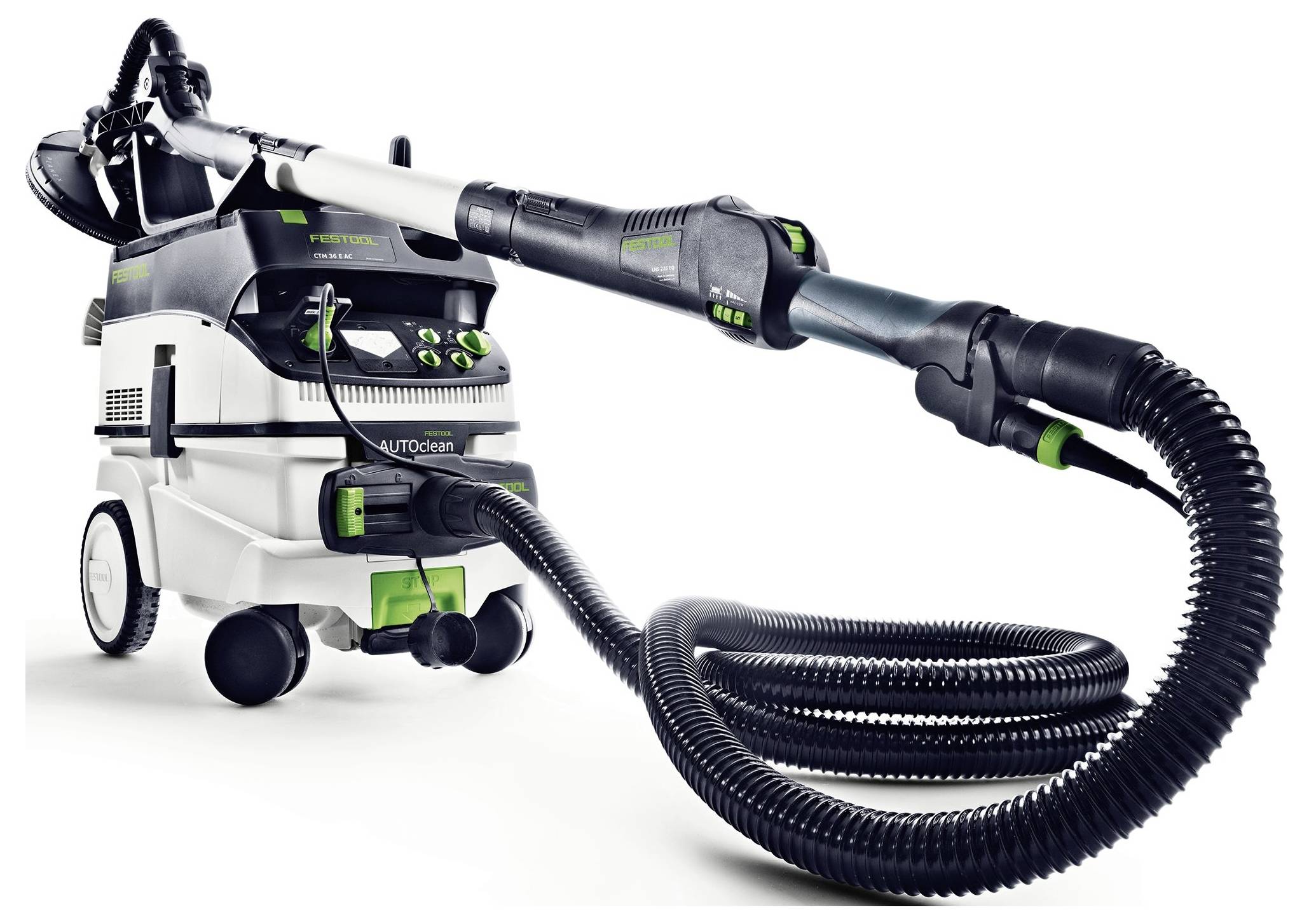 Un aspirapolvere industriale ad alte prestazioni con tubo flessibile e molteplici accessori, progettato per compiti di pulizia pesanti.