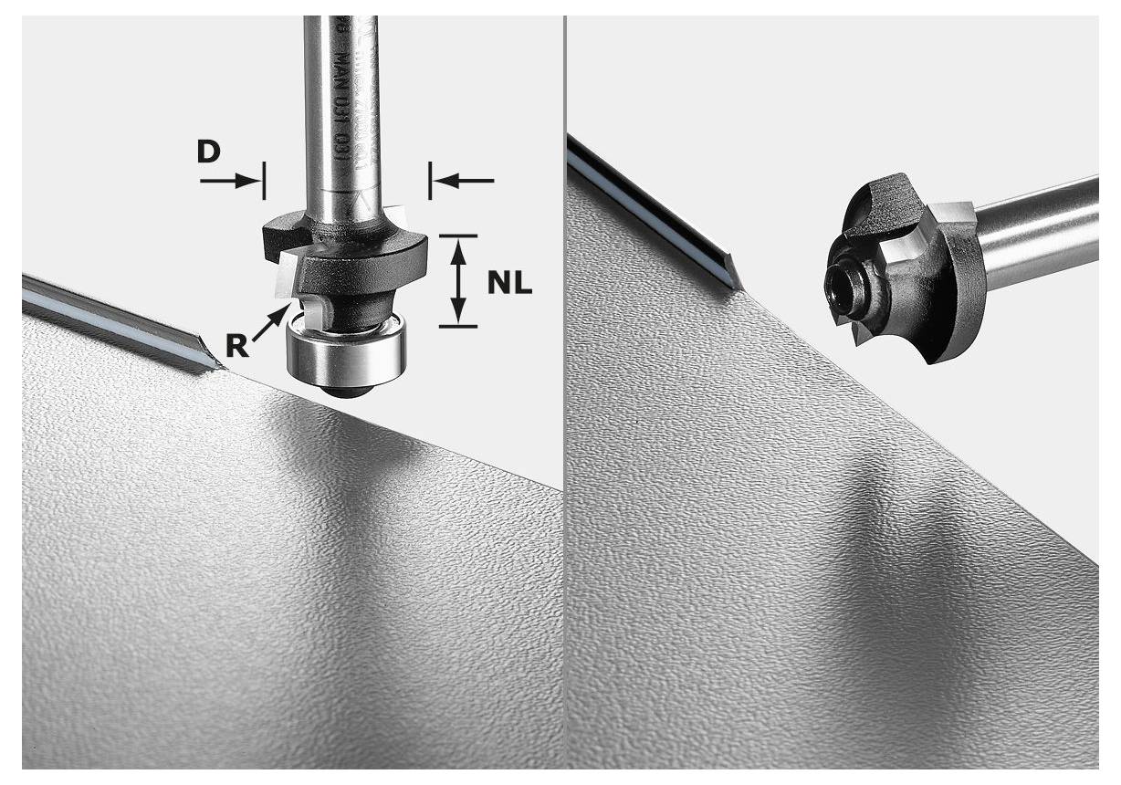 Primo piano di una fresa che taglia uno smusso sul bordo di un foglio. L'ingrandimento mostra le misurazioni 'R', 'D', 'NL' della fresa.