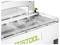 Un primo piano di un contenitore di stoccaggio trasparente con scomparti e un'impugnatura visibile, etichettato 'Festool' in testo verde su uno sfondo bianco.
