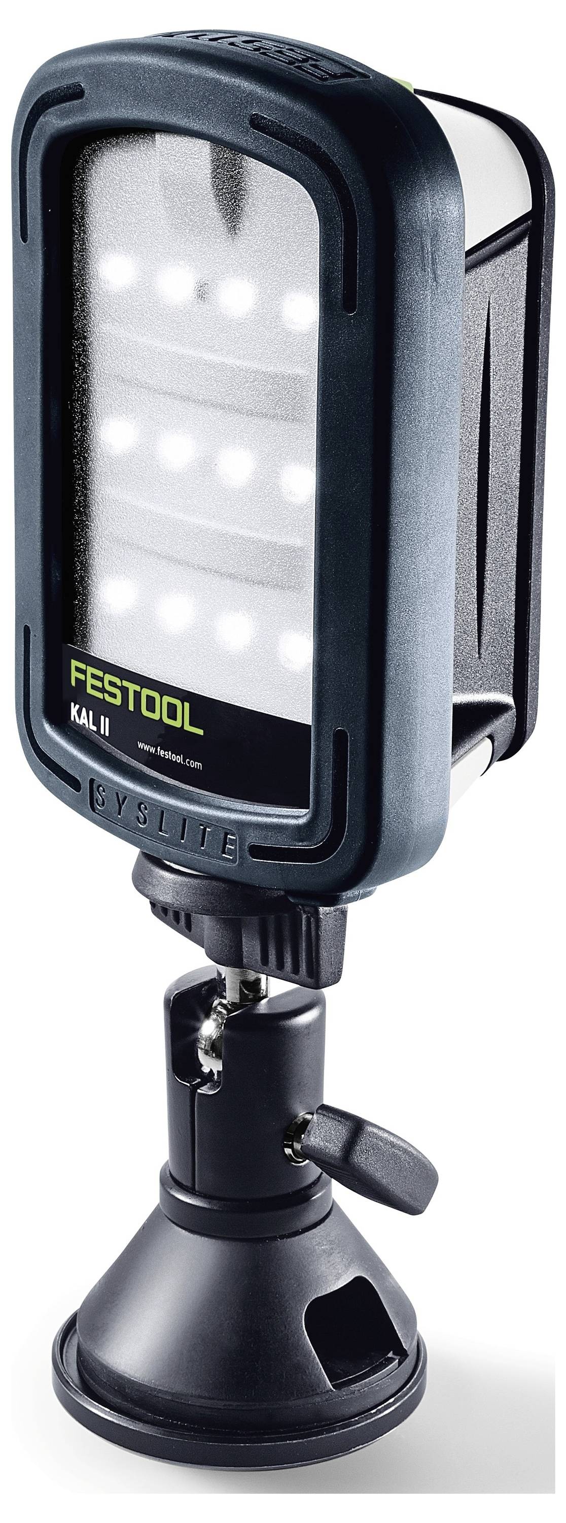 Lampada portatile a LED con supporto regolabile, etichettata "FESTOOL SYSLITE KAL II".