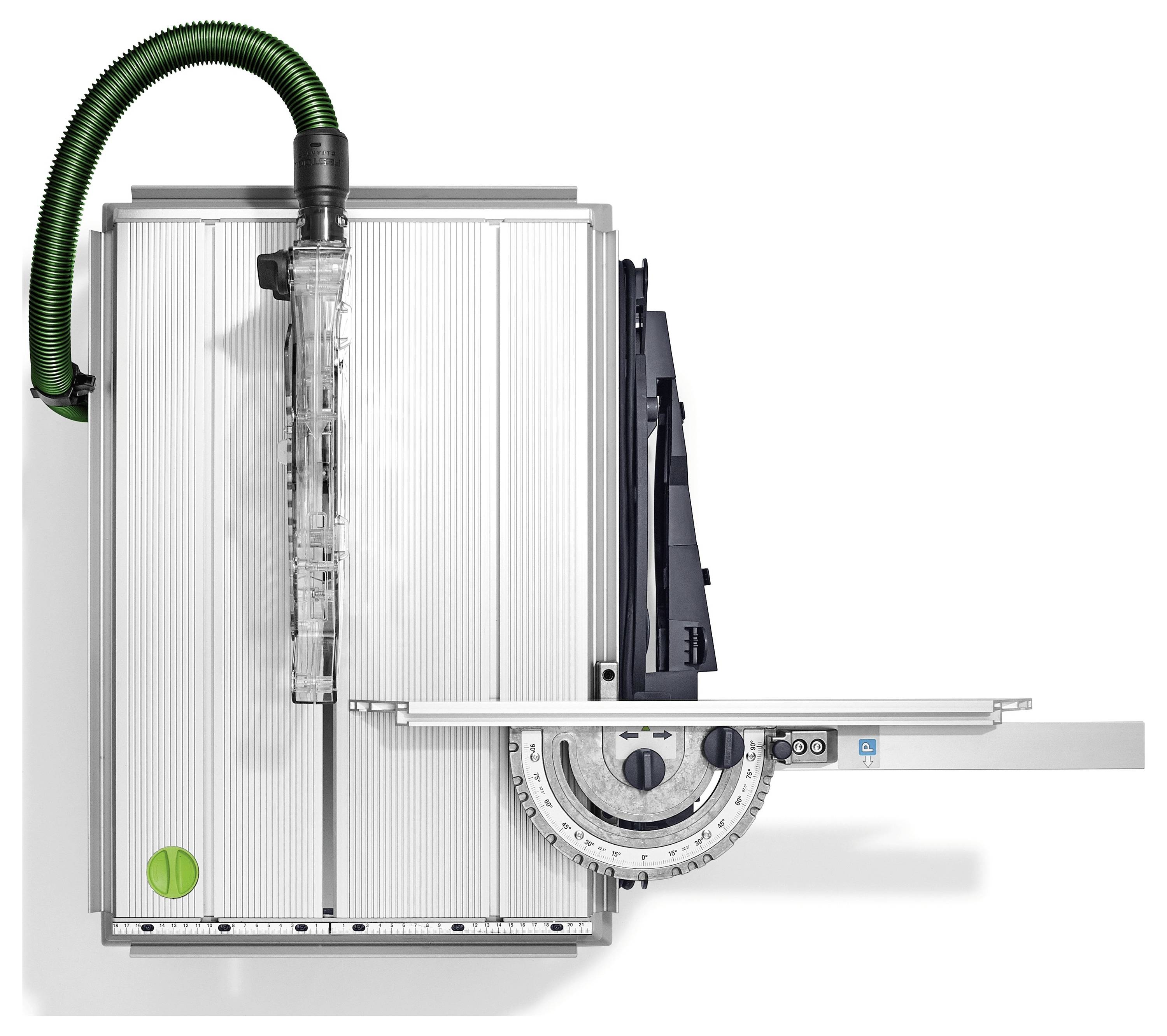 Una sega circolare da tavolo con una superficie argentata e scanalata, un tubo di raccolta della polvere verde e un indicatore di angolo regolabile per angoli di taglio precisi.