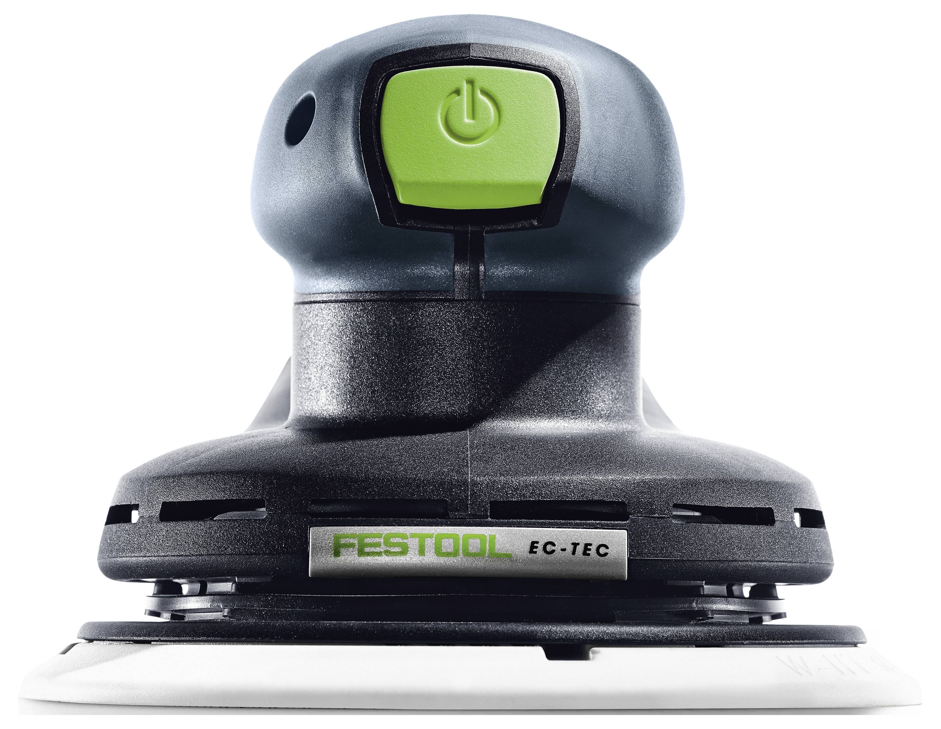 Un levigatrice palmare Festool con pulsante di accensione verde e tecnologia EC-TEC, progettata per una finitura superficiale efficiente e liscia.