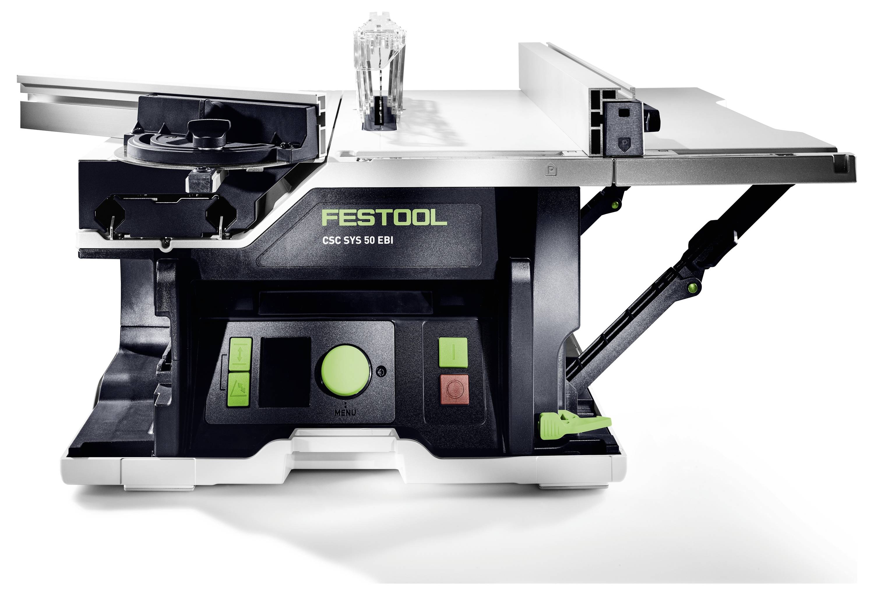 Sega circolare da tavolo compatta 'Festool CSC SYS 50 EBI' con design verde e nero, dotata di regolazioni di taglio precise e caratteristiche di portabilità.