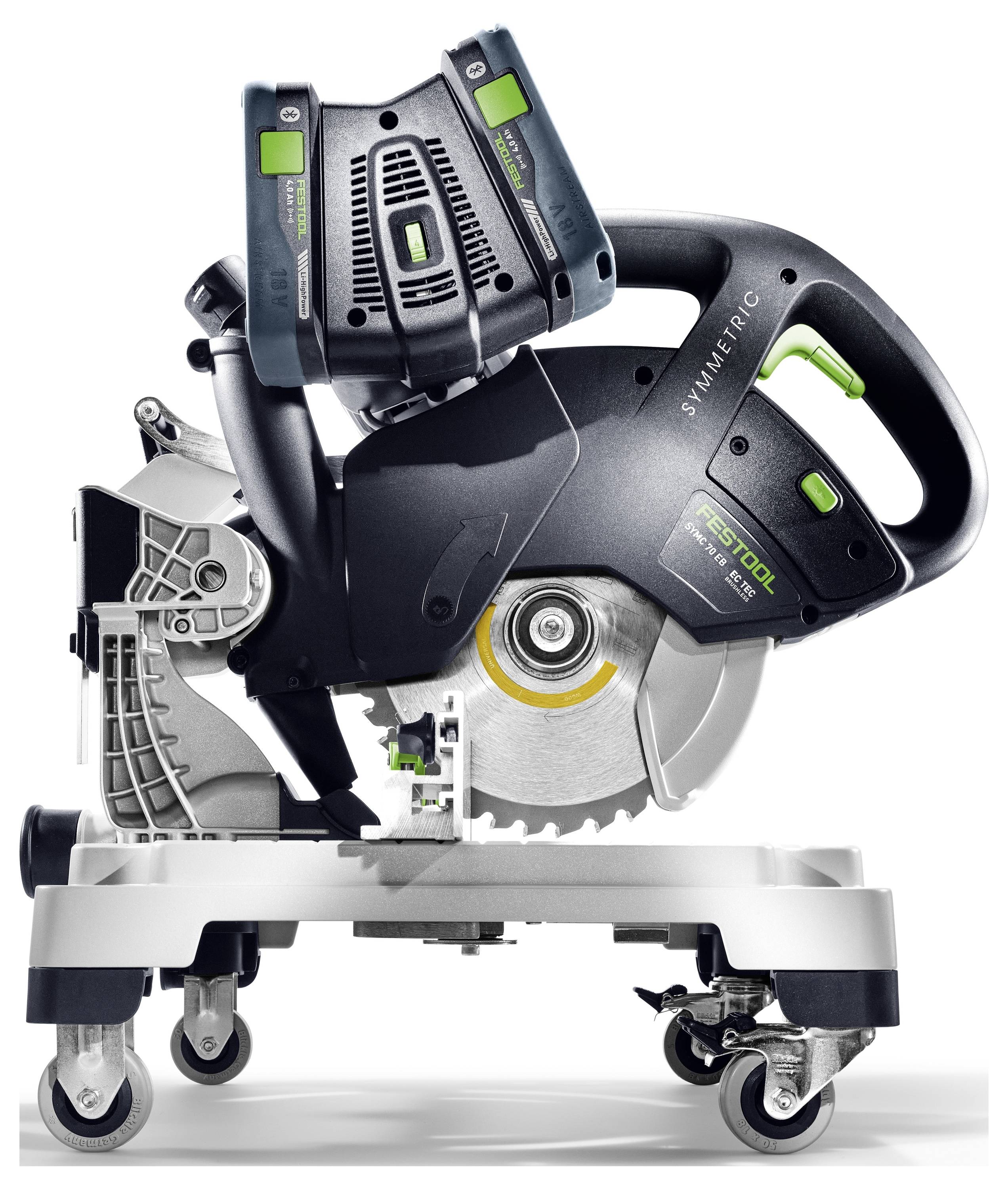 Una sega circolare compatta su ruote con dettagli neri e verdi, caratterizzata dal marchio "Festool", posizionata per evidenziare la portabilità e il design.