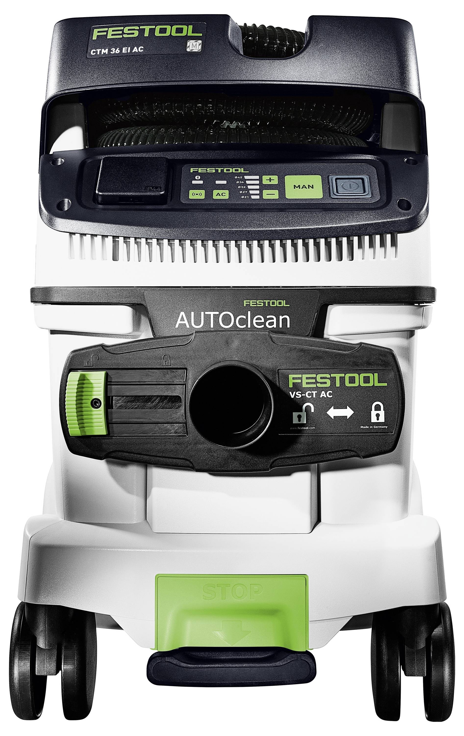 Un aspirapolvere Festool in bianco e nero, con accenti verdi, etichettato "AUTOClean". Ha pulsanti e un display sulla parte superiore.