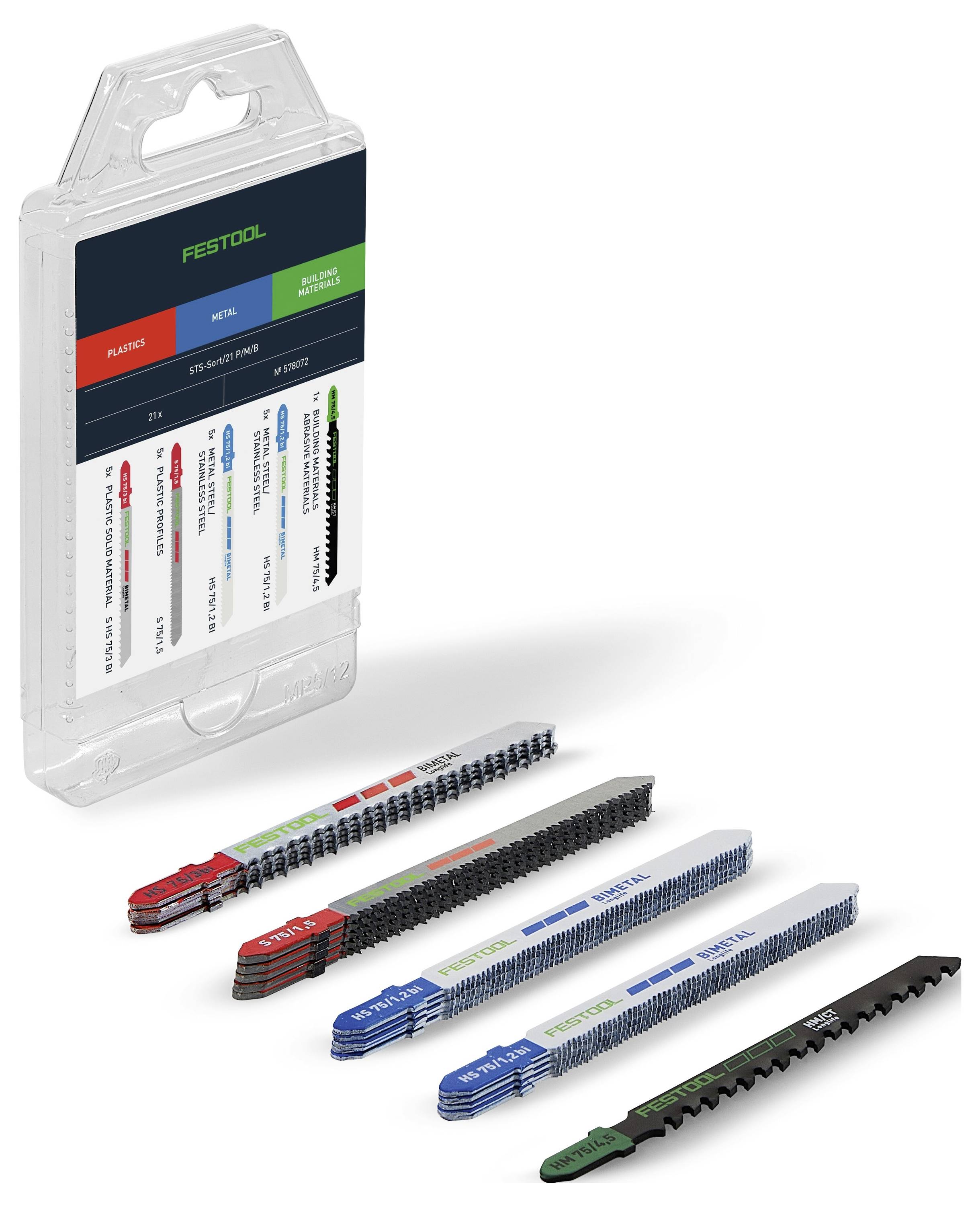 Una serie assortita di lame per seghetto alternativo con gambi codificati a colori per tagliare legno, metallo e plastica. La confezione include dettagli di utilizzo.