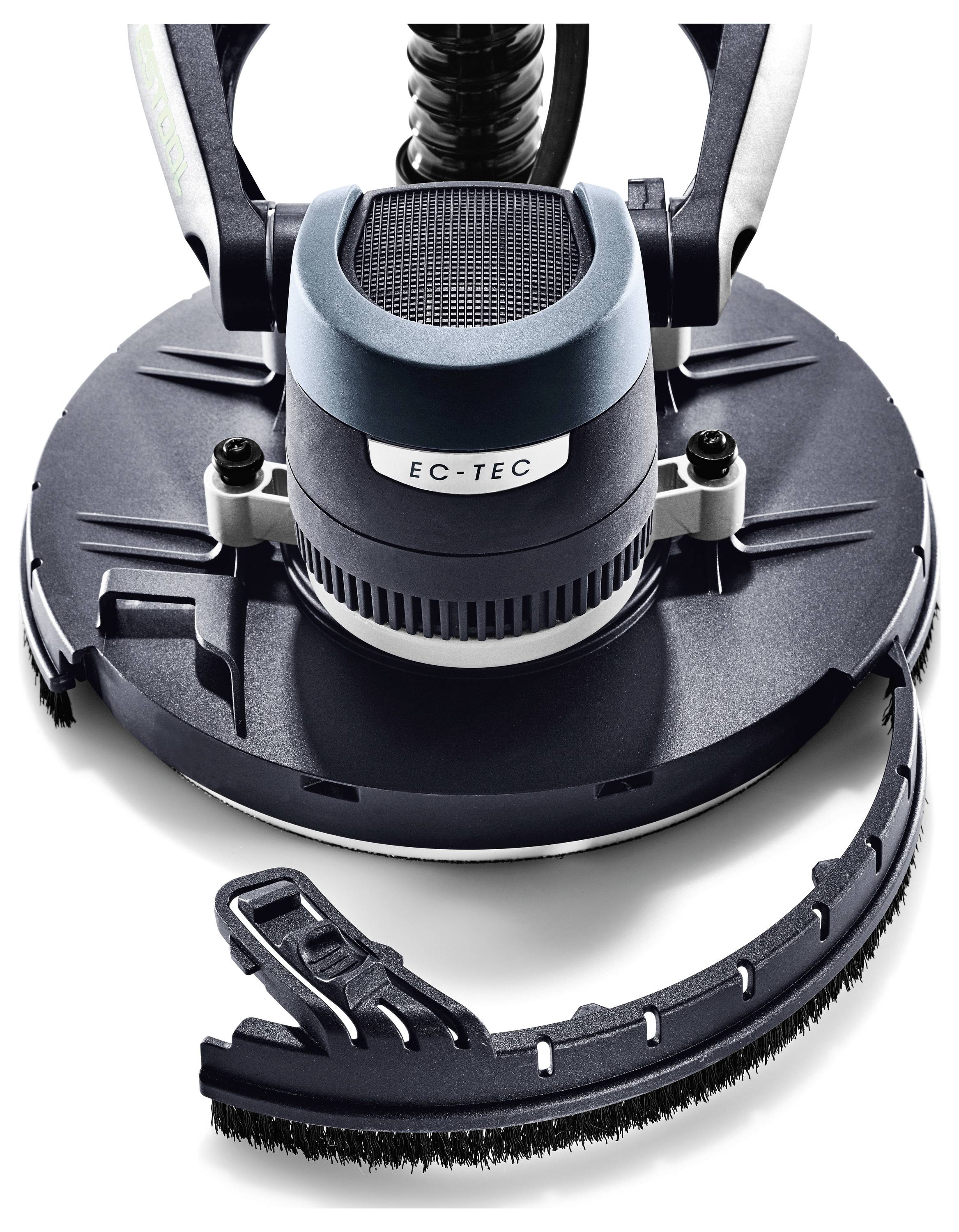 Uno strumento rotante con l'etichetta "EC-TEC", dotato di un attacco a spazzola nera staccabile, progettato per la levigatura o la lucidatura di superfici.