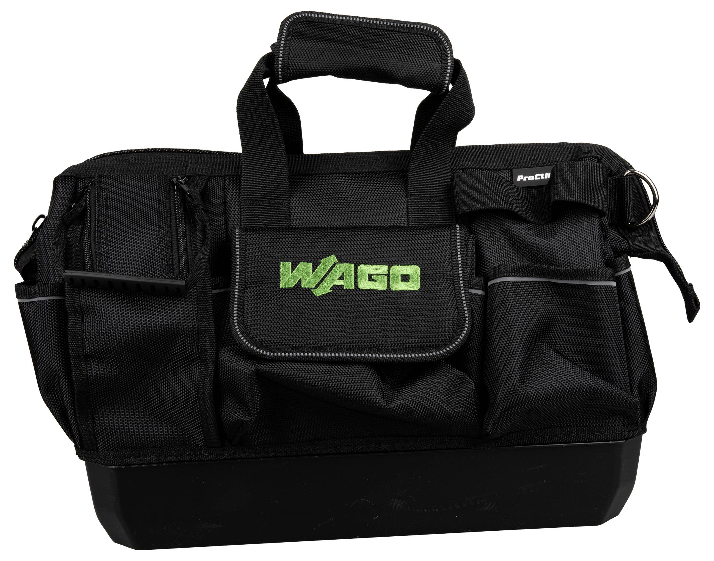 Una borsa per attrezzi nera con più tasche e una maniglia, con il logo 'WAGO' verde in evidenza sulla parte anteriore. Adatta per il trasporto di attrezzi.