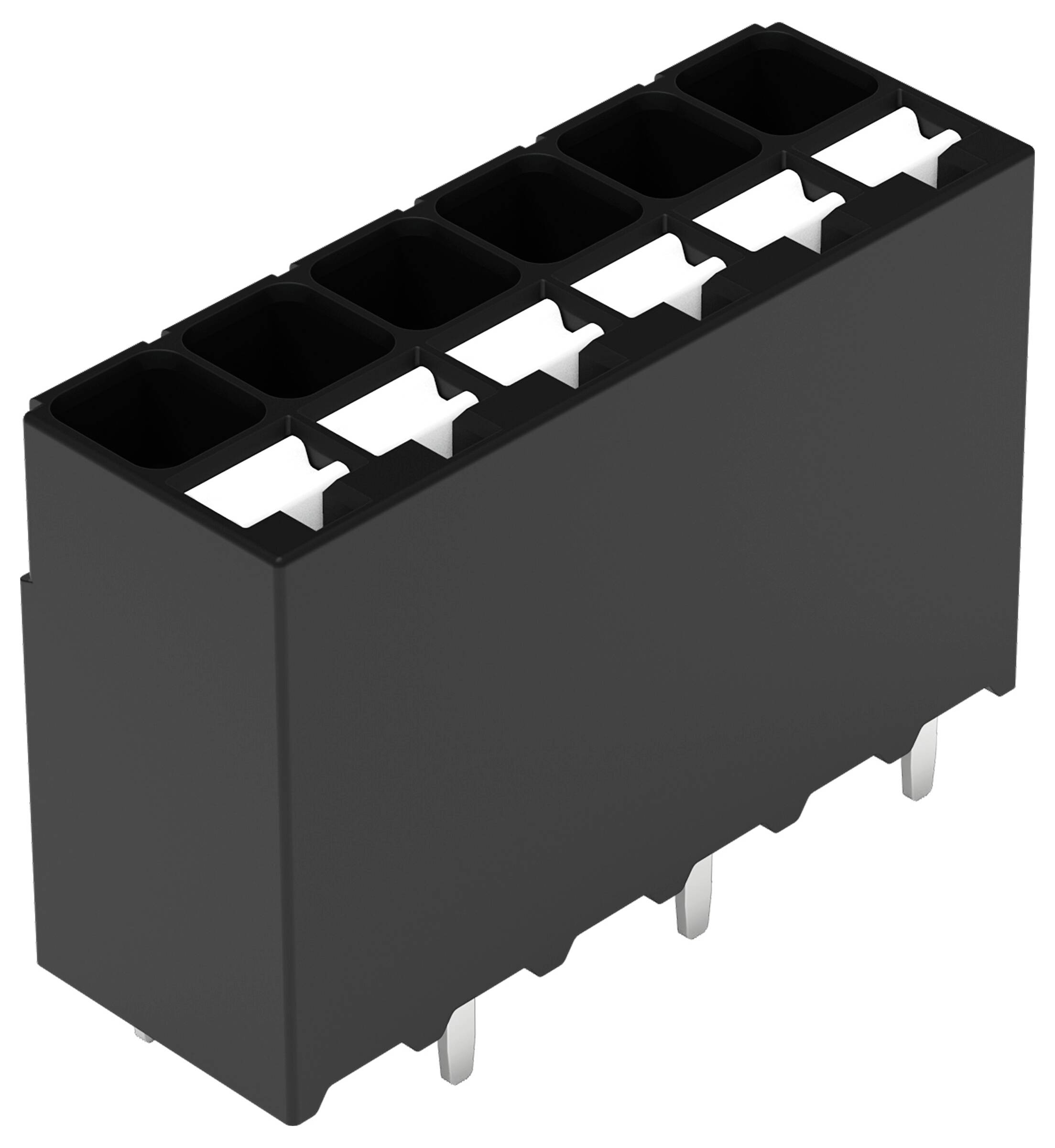 'Morsettiera a 3 livelli con tecnologia push-in, dotata di più slot di cablaggio e design triangolare compatto, utilizzata per connessioni elettriche.'