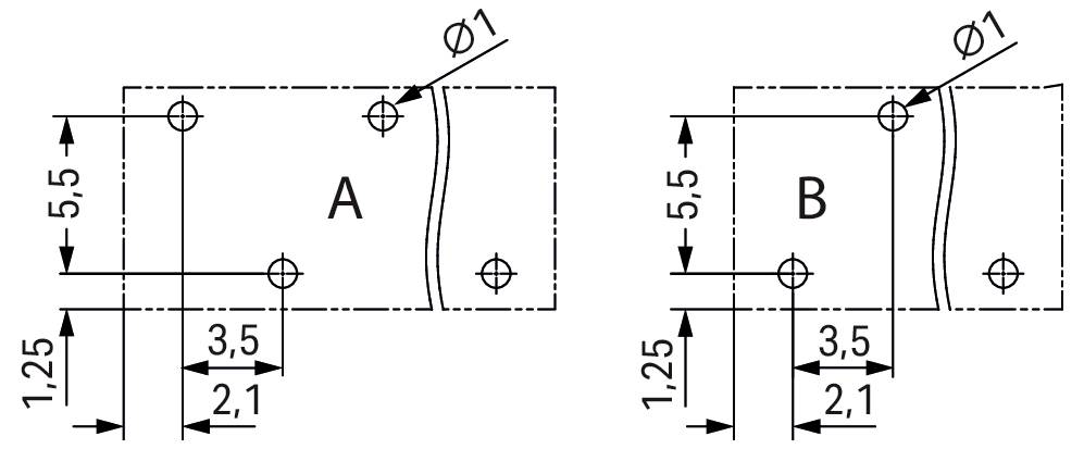 'Diagramma tecnico che mostra le parti A e B, ciascuna con dimensioni 5,5x1,25 e tre fori di diametro Ø1, distanziati rispettivamente 3,5 e 2,1.'