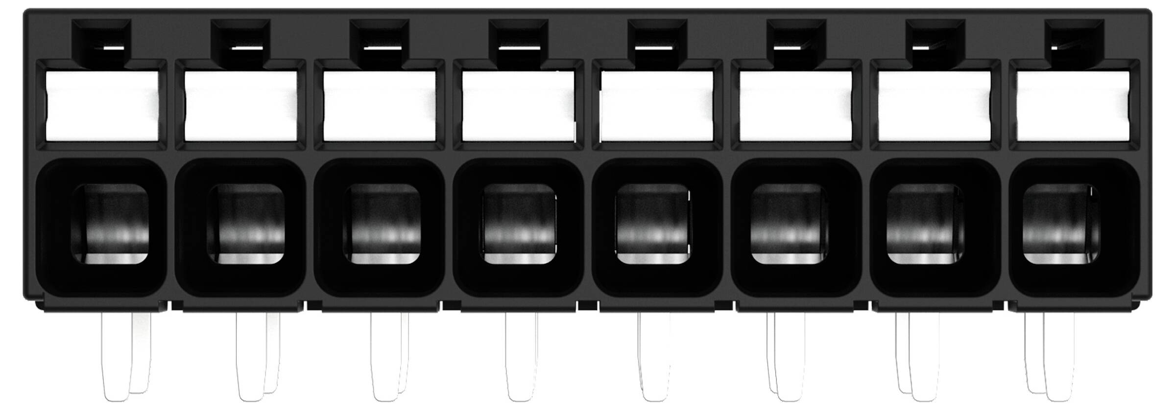 Un supporto per batterie nero con otto slot e linguette bianche sotto ogni alloggiamento, progettato per fissare e collegare batterie cilindriche nei dispositivi elettronici.