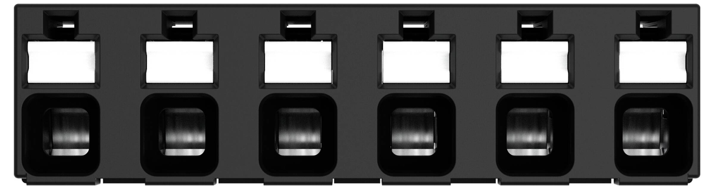 Alloggiamento connettore a sei slot in plastica nera con prese aperte per componenti elettronici, uniformemente distanziati orizzontalmente.
