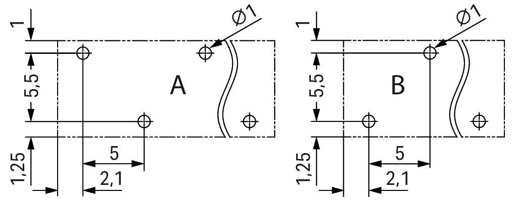 Due le immagini tecniche etichettate, A e B, ciascuna con dimensioni e annotazioni. Entrambe hanno tre fori e linee curve, che mostrano le misurazioni.