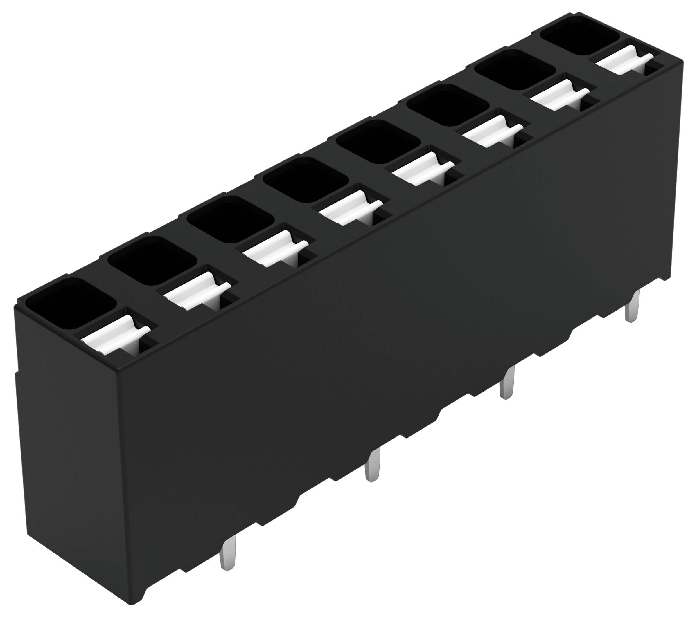 Un connettore elettronico rettangolare nero con dieci slot e piedini metallici sulla parte inferiore, tipicamente utilizzato per le connessioni su schede circuitali.