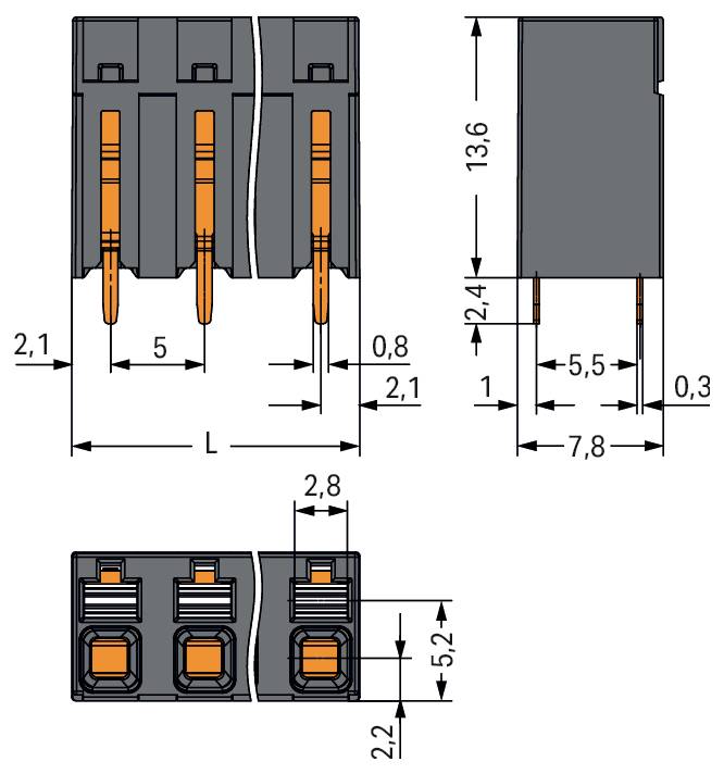 Disegno tecnico di un connettore elettrico a tre pin con dimensioni etichettate in millimetri, che mostra viste frontale, laterale e superiore.