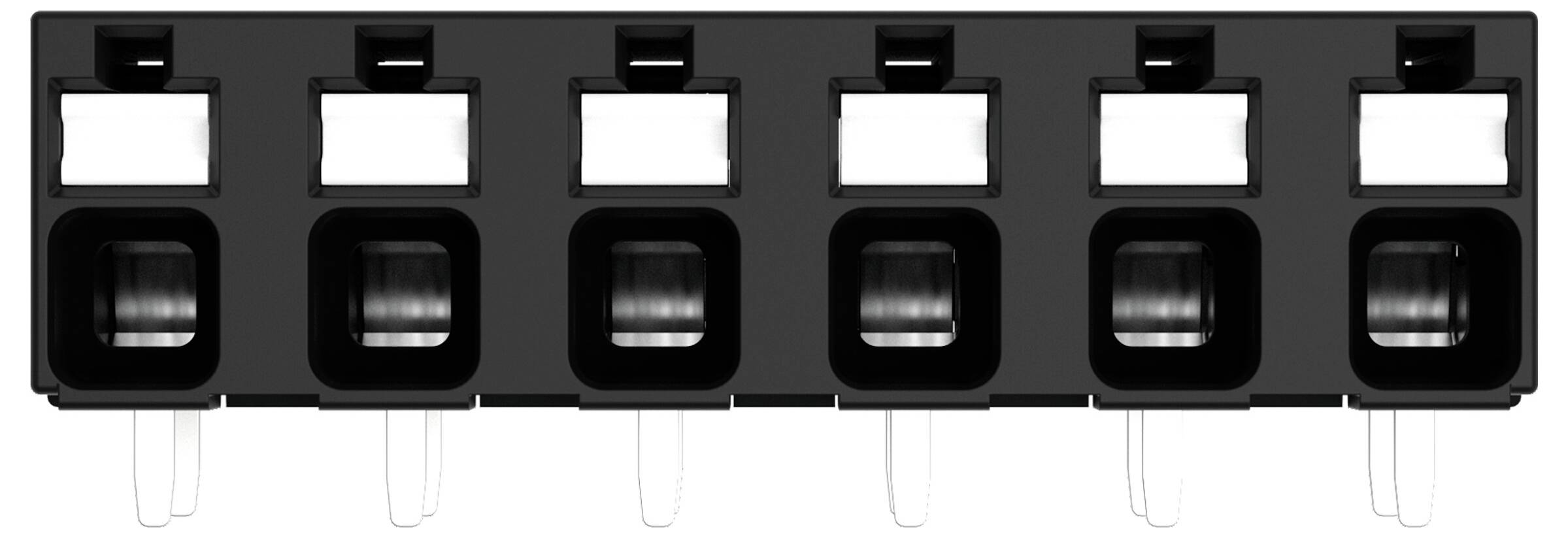 Un porta-fusibili nero a sei slot con finestre di accesso trasparenti e leve bianche sotto ogni slot, progettato per la protezione dei circuiti elettrici.