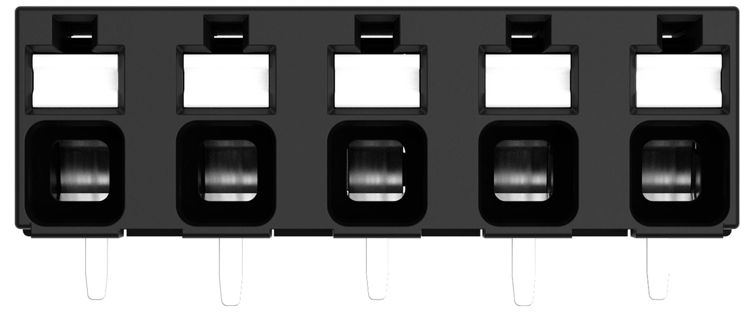 Un componente in plastica nera con cinque aperture quadrate. Ogni apertura contiene un supporto circolare, probabilmente per fissare oggetti cilindrici.