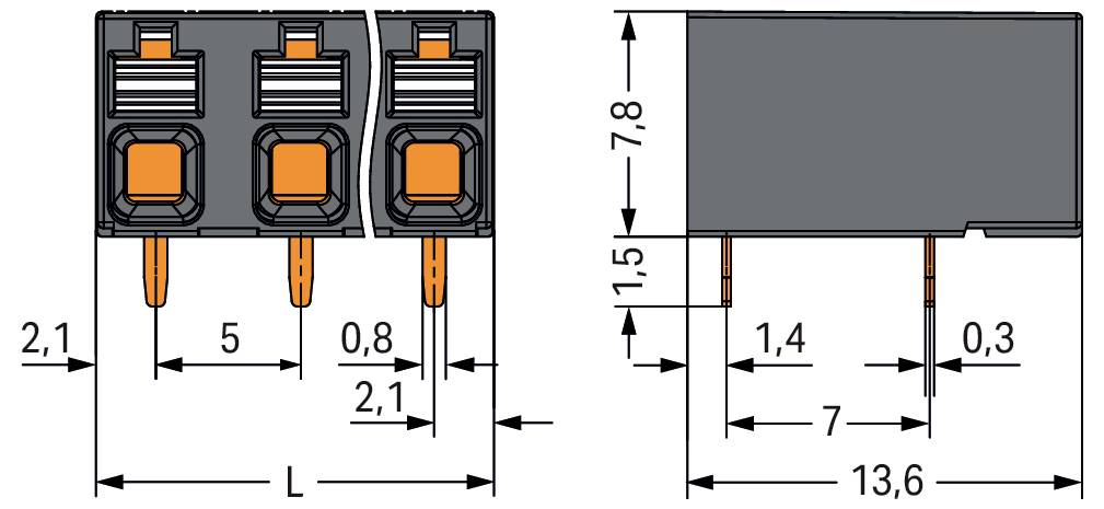 Disegno tecnico di un connettore elettrico a 3 terminali con misurazioni precise in millimetri, che illustrano la spaziatura dei pin e le dimensioni.