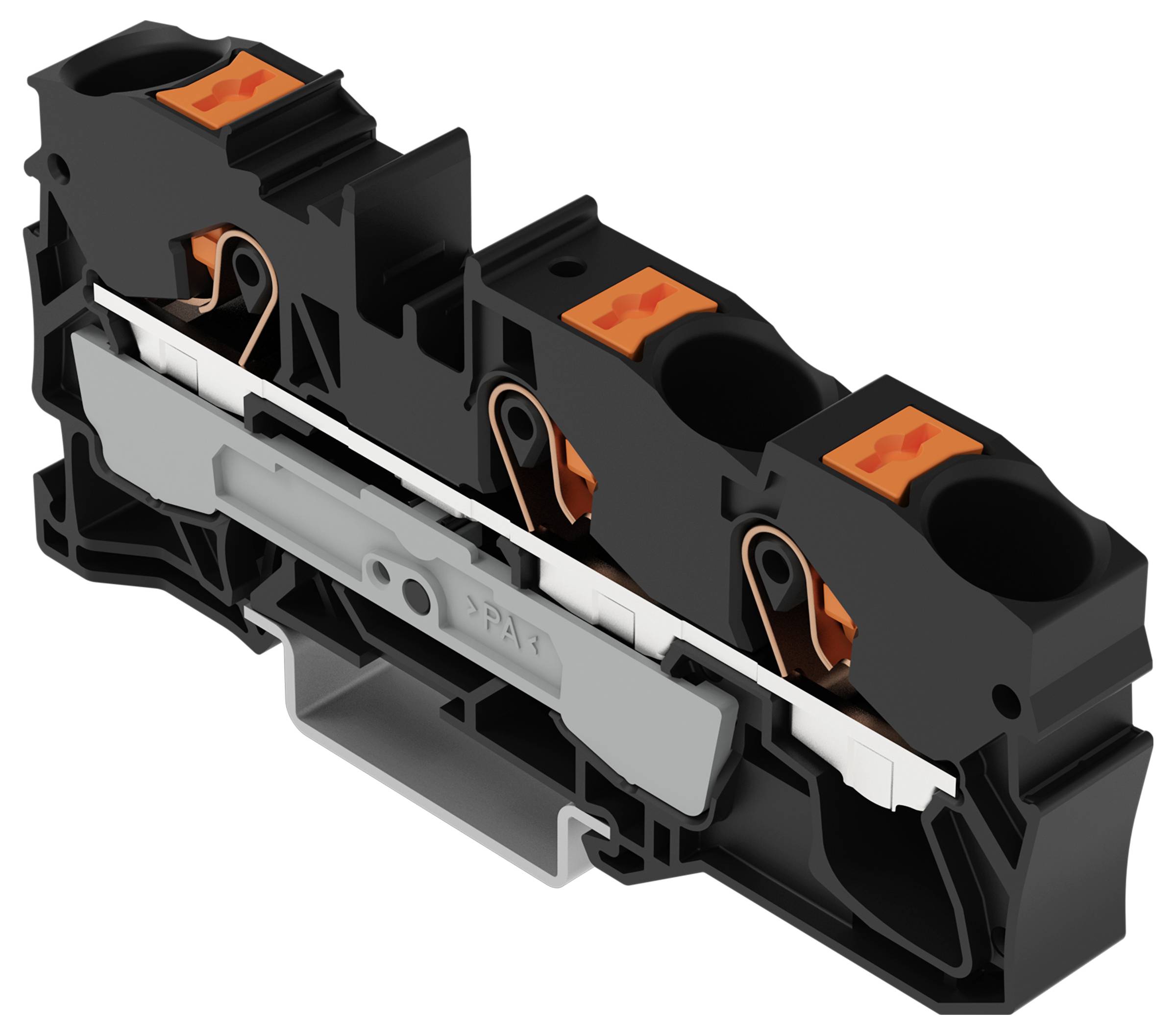 Un morsetto per filo elettrico nero e arancione con due punti di collegamento e una base di montaggio grigia, progettato per connessioni di cablaggio sicure.
