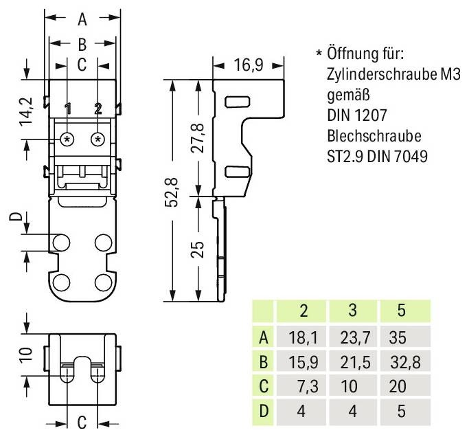 Disegno tecnico di una cerniera con dimensioni. Include una tabella che indica le dimensioni per Vite cilindrica M3: misure A, B, C, D.