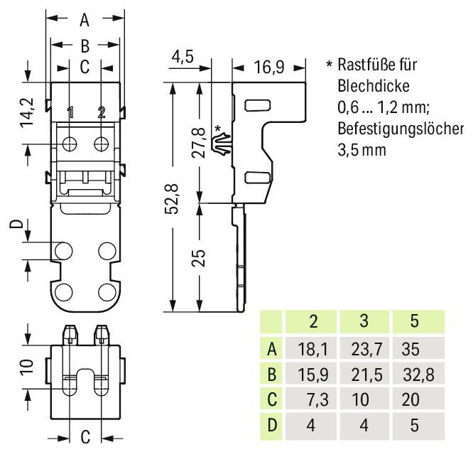 Diagramma di una clip con misurazioni dettagliate in millimetri: A è 18.1-25.3, B è 15.9-32.8, C è 7.3-10, D è 4.5-5. Include viste laterali e dall'alto.