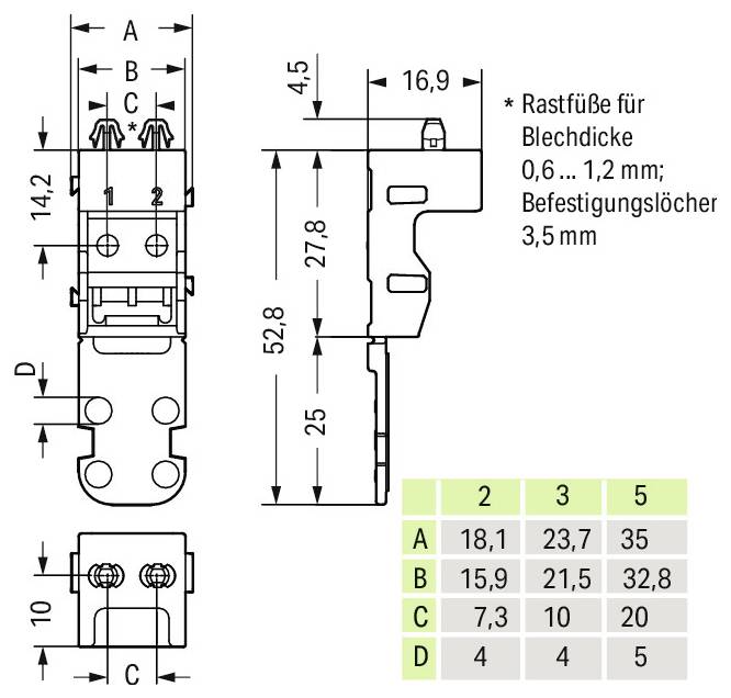 'Disegno tecnico di un componente in metallo con viste laterale e frontale. Dimensioni in mm indicate come A-D, con rispettivi valori per le versioni 2, 3 e 5.'
