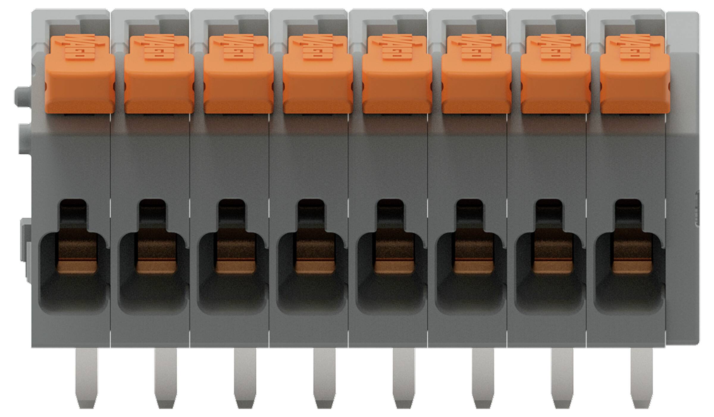 Una fila di sette connettori elettrici grigi e arancioni collegati tra loro, ciascuno con una fessura orizzontale e una base dotata di piedini metallici.