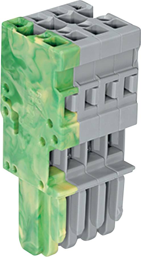 Una pila di pezzi di plastica grigia e verde interlacciati che formano una struttura rettangolare solida, suggerendo un giocattolo da costruzione o un blocco modulare.