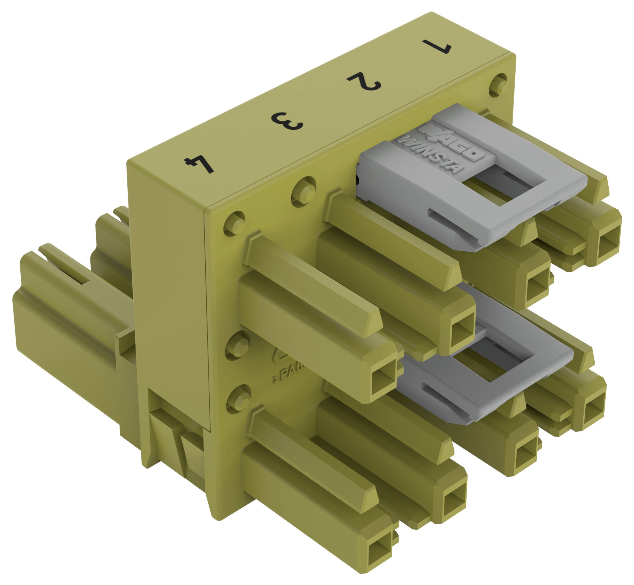 Un blocco connettore con slot numerati da '1' a '4' nella parte superiore, dotato di molteplici terminali elettrici e due connettori grigi inseriti.