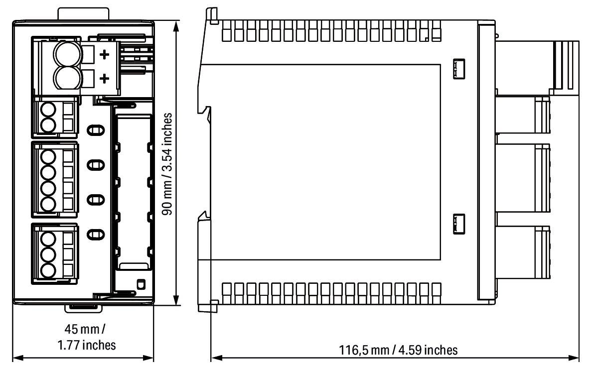 'Diagramma di un dispositivo elettrico con dimensioni: altezza 90 mm/3,54 pollici, larghezza 45 mm/1,77 pollici, profondità 116,5 mm/4,59 pollici.'