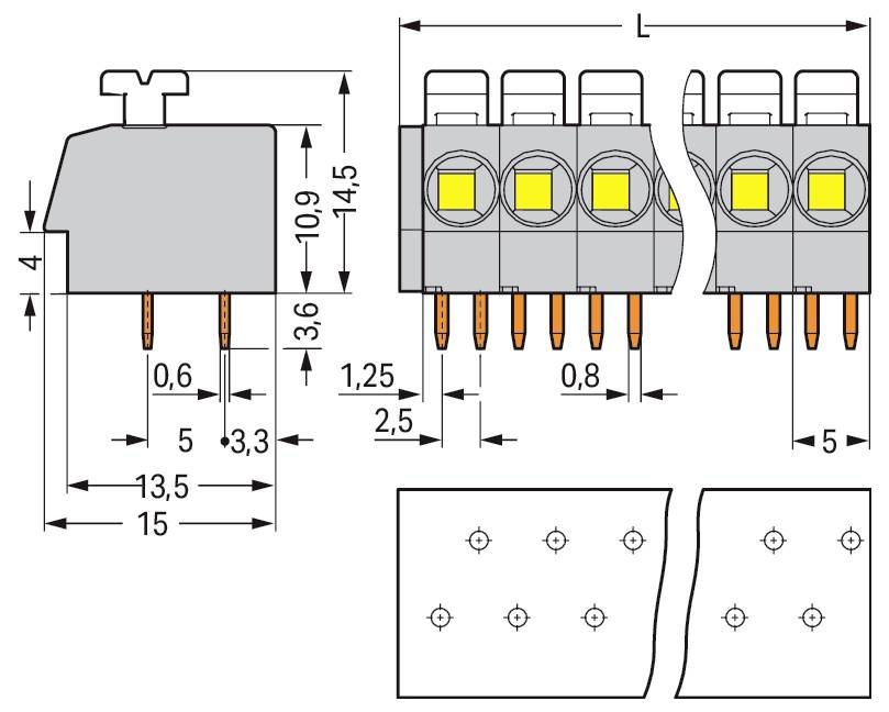 Diagramma che illustra le dimensioni e il layout di un blocco terminale elettrico, mostrando le viste laterali e frontali con misurazioni dettagliate.