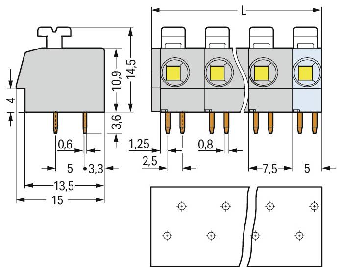 Diagramma tecnico di un componente con misure in millimetri. Mostra le viste laterali e superiori con dimensioni, dettagliando lo spazamento e l'altezza.