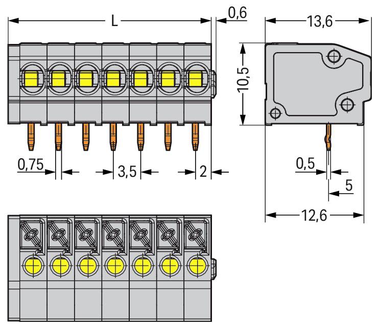 Diagramma tecnico di un blocco terminale a 8 porte, che mostra le viste frontale, laterale e superiore con misurazioni. Dimensioni principali: lunghezza 13,6 mm, altezza 10,5 mm, larghezza dei connettori 3,5 mm.
