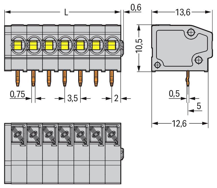 Diagramma di un morsetto con dimensioni: L=sconosciuto, altezza=13,6mm, larghezza=12,6mm, spaziatura dei pin=3,5mm, lunghezza dei pin=5mm.