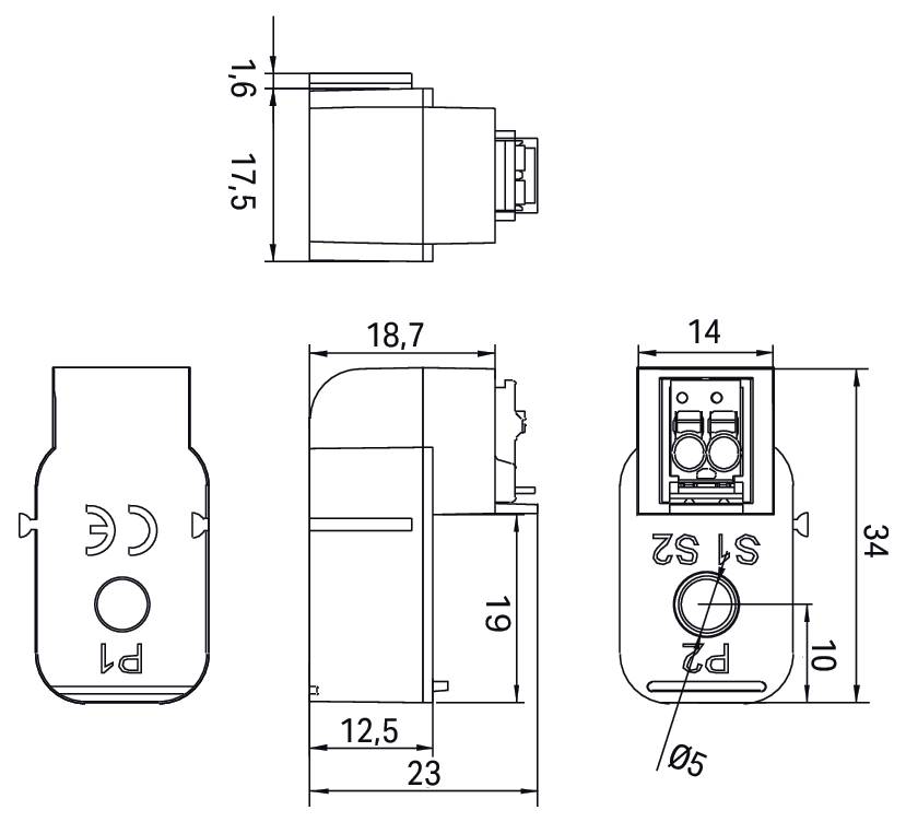 Diagramma tecnico di un componente elettrico con misurazioni in millimetri. Le dimensioni includono 16, 7.5, 19, 34, 23, 12.5 e 14.