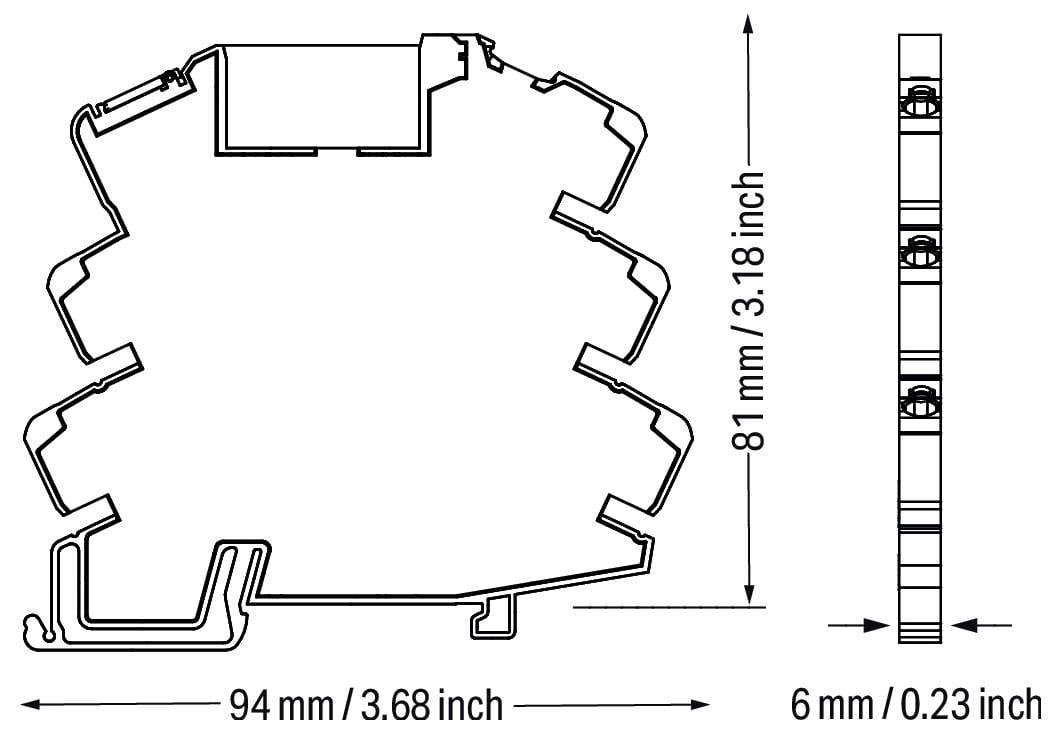 Diagramma in sezione trasversale di un profilo strutturale con dimensioni: larghezza 94 mm (3,68 pollici), altezza 81 mm (3,18 pollici), profondità 6 mm (0,23 pollici).