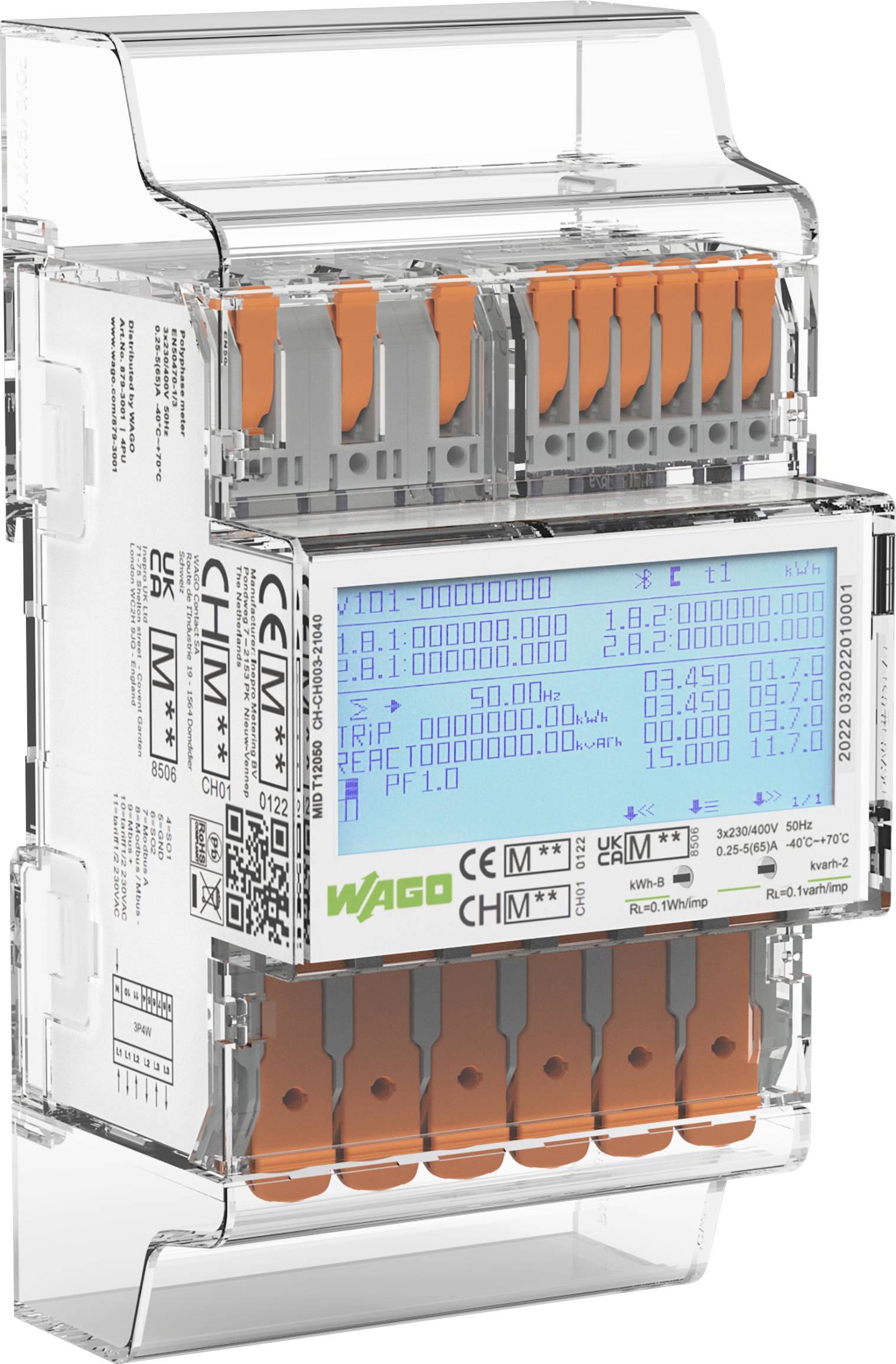 Un contatore di energia digitale che visualizza misurazioni elettriche come tensione, corrente, fattore di potenza e frequenza su uno schermo luminoso.