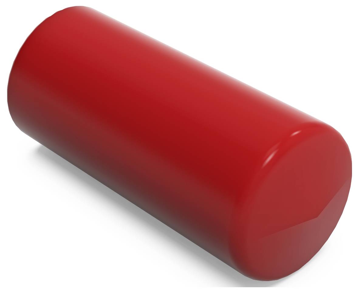 Un oggetto cilindrico rosso, leggermente inclinato, con superficie liscia e lucida, isolato su sfondo bianco.
