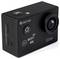 Una fotocamera d'azione nera con WiFi e capacità 4K, dotata di uno schermo da 2,0 pollici. I pulsanti per la modalità e l'accensione sono visibili sulla parte superiore.
