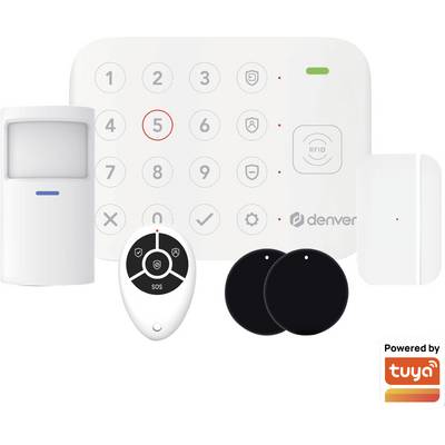 Sistema di sicurezza domestica 'Denver' con tastiera centrale, sensore di movimento, telecomando con pulsante SOS, sensore per porte, tag RFID. Alimentato da 'Tuya'.